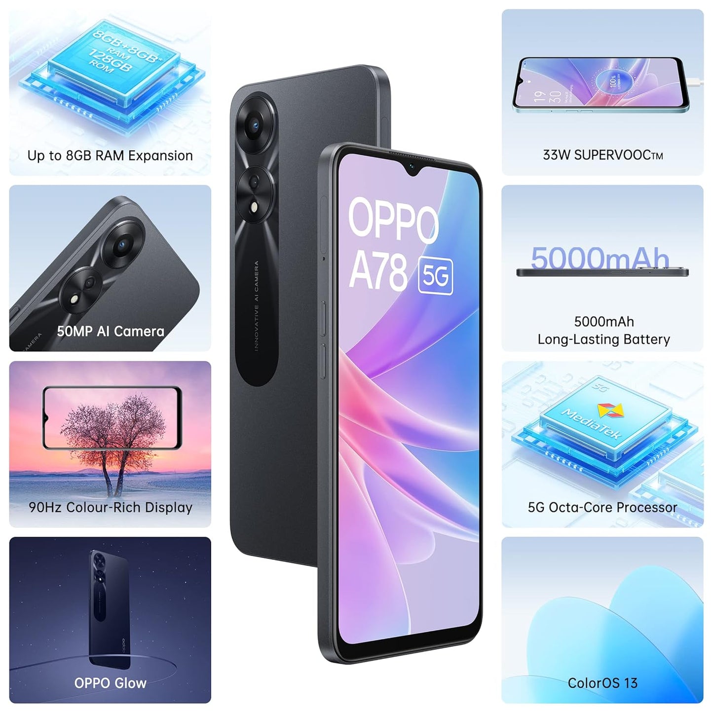 OPPO A78 5G (5000 mAh Battery with 33W SUPERVOOC Charger| 50MP AI Camera)