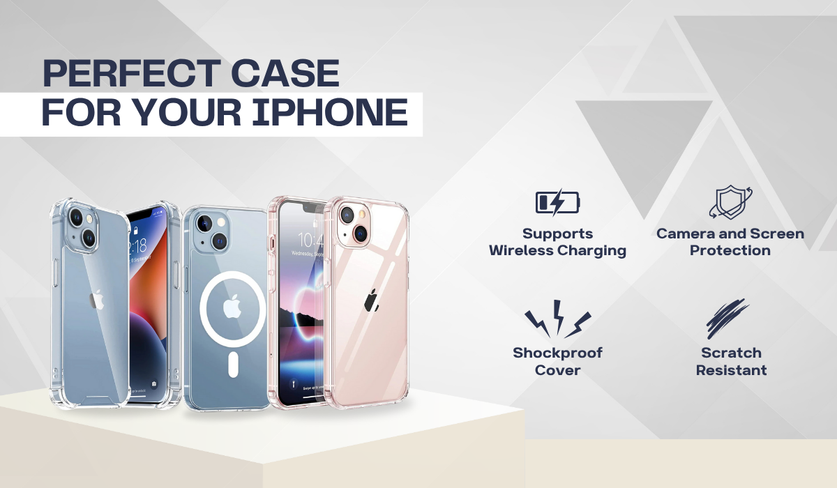 Phone cases with features listed on a geometric patterned background
